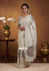 Pastel Dove Grey - ANJALI - Soft Tissue linen Saree Embroidery with Scallop - Perfect for Festive Wear
