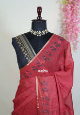 Muted Red - Pragathi - Linen Cotton Saree with Floral Print Border - Perfect for Office Wear | Summer wear | Casual Wear