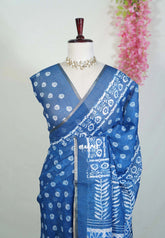 Indigo Blue-Mango Design - Pragathi - Linen Cotton Saree Floral Prints with Tiny Border - Perfect for Office Wear | Summer wear | Casual Wear
