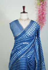 Indigo Blue-Stripes - Pragathi - Linen Cotton Saree Stripes Prints with Tiny Border - Perfect for Office Wear | Summer wear | Casual Wear