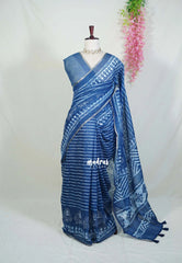 Indigo Blue-Stripes - Pragathi - Linen Cotton Saree Stripes Prints with Tiny Border - Perfect for Office Wear | Summer wear | Casual Wear