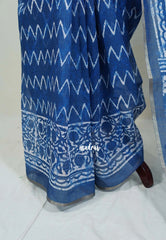 Indigo Blue-ZigZag - Pragathi - Linen Cotton Saree ZigZag Prints with Tiny Border - Perfect for Office Wear | Summer wear | Casual Wear