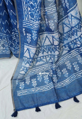 Indigo Blue-ZigZag - Pragathi - Linen Cotton Saree ZigZag Prints with Tiny Border - Perfect for Office Wear | Summer wear | Casual Wear