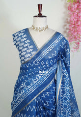 Indigo Blue-ZigZag - Pragathi - Linen Cotton Saree ZigZag Prints with Tiny Border - Perfect for Office Wear | Summer wear | Casual Wear