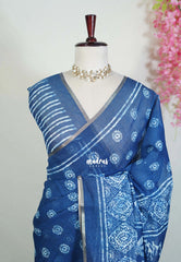Indigo Blue-Circle Design - Pragathi - Linen Cotton Saree Floral Prints with Tiny Border - Perfect for Office Wear | Summer wear | Casual Wear