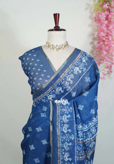 Indigo Blue-Peacock Design - Pragathi - Linen Cotton Saree Floral Prints with Tiny Border - Perfect for Office Wear | Summer wear | Casual Wear