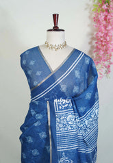 Indigo Blue-Leaf Design - Pragathi - Linen Cotton Saree Floral Prints with Tiny Border - Perfect for Office Wear | Summer wear | Casual Wear