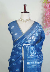 Indigo Blue-Dot Design - Pragathi - Linen Cotton Saree Floral Prints with Tiny Border - Perfect for Office Wear | Summer wear | Casual Wear