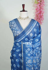Indigo Blue-Dimond Design - Pragathi - Linen Cotton Saree Floral Prints with Tiny Border - Perfect for Office Wear | Summer wear | Casual Wear