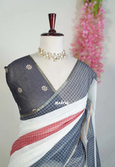 Ivory Beige - Pragathi - Linen Cotton Saree with Checks Prints - Perfect for Office Wear | Summer wear | Casual Wear