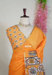 Yellowish Orange - Pragathi - Linen Cotton Saree with Kalahasti Prints - Perfect for Office Wear | Summer wear | Casual Wear