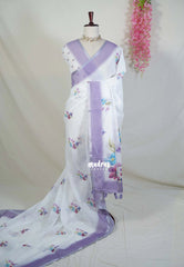 Frost White - Pragathi - Linen Cotton Saree with Flower Prints - Perfect for Office Wear | Summer wear | Casual Wear