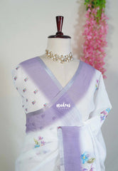 Frost White - Pragathi - Linen Cotton Saree with Flower Prints - Perfect for Office Wear | Summer wear | Casual Wear