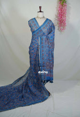 Indigo Blue - Pragathi - Linen Cotton Saree with Floral Prints - Perfect for Office Wear | Summer wear | Casual Wear
