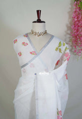 Ivory White - Pragathi - Linen Cotton Saree with Floral Prints - Perfect for Office Wear | Summer wear | Casual Wear