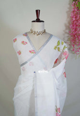 Ivory White - Pragathi - Linen Cotton Saree with Floral Prints - Perfect for Office Wear | Summer wear | Casual Wear