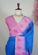 Royal Blue - Pragathi - Linen Cotton Saree with Checks with Peacock Border Prints - Perfect for Office Wear | Summer wear | Casual Wear