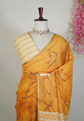 Mustard Yellow - Pragathi - Linen Cotton Saree with Floral Prints - Perfect for Office Wear | Summer wear | Casual Wear