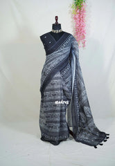 Black and White - Pragathi - Linen Cotton Saree with Tribal Art Inspired Prints - Perfect for Office Wear | Summer wear | Casual Wear