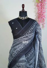 Black and White - Pragathi - Linen Cotton Saree with Tribal Art Inspired Prints - Perfect for Office Wear | Summer wear | Casual Wear