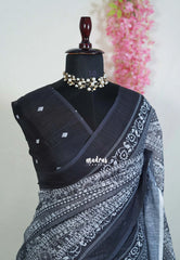 Black and White - Pragathi - Linen Cotton Saree with Tribal Art Inspired Prints - Perfect for Office Wear | Summer wear | Casual Wear