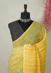 Corn Yellow - Pragathi - Linen Cotton Saree Floral Prints with Contrast Blouse - Best for Office Wear | Casual Wear