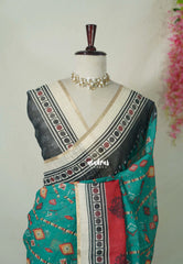 Peacock Green with Black - Pragathi - Linen Cotton Saree Ganga Jamuna Border with Contrast Blouse - Best for Office Wear | Casual Wear