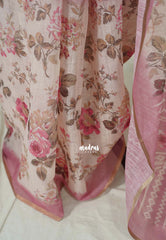 Onion Mauve Pink - Pragathi - Linen Cotton Partly Pallu Saree with Floral Prints and Contrast Blouse - Best for Office Wear | Casual Wear