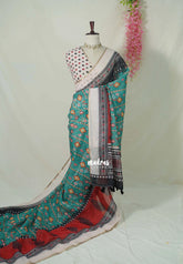 Peacock Green with Beige - Pragathi - Linen Cotton Saree Ganga Jamuna Border with Contrast Blouse - Best for Office Wear | Casual Wear