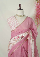 Onion Mauve Pink - Pragathi - Linen Cotton Partly Pallu Saree with Floral Prints and Contrast Blouse - Best for Office Wear | Casual Wear