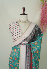 Peacock Green with Beige - Pragathi - Linen Cotton Saree Ganga Jamuna Border with Contrast Blouse - Best for Office Wear | Casual Wear