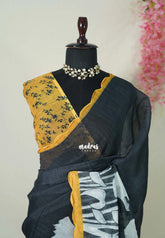 Nightfall Black with Scallop - Pragathi - Linen Cotton Saree Floral Print Scallop Border with Contrast Pallu and Blouse - Perfect for Office Wear | Summer wear | Casual Wear