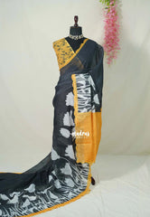 Nightfall Black with Scallop - Pragathi - Linen Cotton Saree Floral Print Scallop Border with Contrast Pallu and Blouse - Perfect for Office Wear | Summer wear | Casual Wear