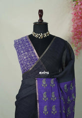 Classic Black - Pragathi - Linen Cotton Plain Saree with Contrast Pallu and Blouse - Best for Office Wear | Casual Wear