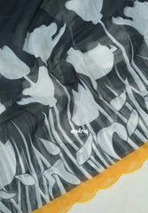 Nightfall Black with Scallop - Pragathi - Linen Cotton Saree Floral Print Scallop Border with Contrast Pallu and Blouse - Perfect for Office Wear | Summer wear | Casual Wear
