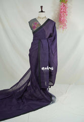 Jamun Purple - Pragathi - Linen Cotton Saree Plain and Stripes with Floral Prints Blouse - Perfect for Office Wear | Summer wear | Casual Wear