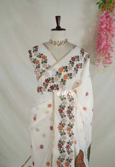 Ivory Beige - Pragathi - Linen Cotton Saree with Floral Printed - Perfect for Office Wear | Summer wear | Casual Wear