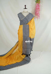 Paris Yellow - Pragathi - Linen Cotton Saree Plain with Checks Border, Pallu and Blouse - Perfect for Office Wear | Summer wear | Casual Wear