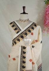 Muted Beige - Pragathi - Linen Cotton Saree Mango Prints Border - Perfect for Office Wear | Summer wear | Casual Wear