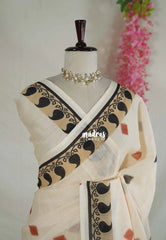 Muted Beige - Pragathi - Linen Cotton Saree Mango Prints Border - Perfect for Office Wear | Summer wear | Casual Wear