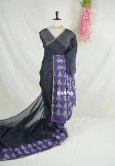 Nightfall Black & Purple - Pragathi - Linen Cotton Saree Plain and Contrast Border and Pallu - Perfect for Office Wear | Summer wear | Casual Wear