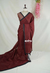 Araku Maroon - Pragathi - Linen Cotton Saree Plain and Floral Prints Blouse - Perfect for Office Wear | Summer wear | Casual Wear