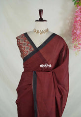 Araku Maroon - Pragathi - Linen Cotton Saree Plain and Floral Prints Blouse - Perfect for Office Wear | Summer wear | Casual Wear