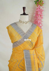 Mustard Yellow - Pragathi - Linen Cotton Saree Digital Prints and Contrast Border - Perfect for Office Wear | Summer wear | Casual Wear