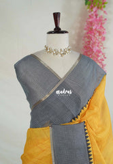 Paris Yellow - Pragathi - Linen Cotton Saree Plain with Checks Border, Pallu and Blouse - Perfect for Office Wear | Summer wear | Casual Wear