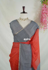 Brick Orange - Pragathi - Linen Cotton Saree Plain with Checks Border, Pallu and Blouse - Perfect for Office Wear | Summer wear | Casual Wear
