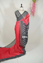Tomato Red - Pragathi - Linen Cotton Saree Contrast Border and Blouse - Perfect for Office Wear | Casual Wear