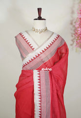 Muted Red - Pragathi - Linen Cotton Saree Contrast Border and Blouse - Perfect for Office Wear | Casual Wear