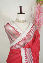 Muted Red - Pragathi - Linen Cotton Saree Contrast Border and Blouse - Perfect for Office Wear | Casual Wear