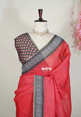 Chilli Red - Pragathi - Linen Cotton Saree Contrast Border and Blouse with Buttas - Perfect for Office Wear | Casual Wear